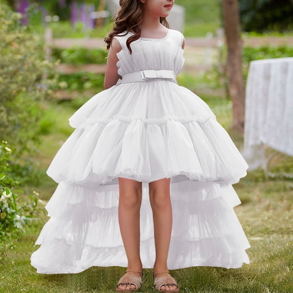 Pejock Girls Wedding Dress - Short Sleeve Off-Shoulder Flower Girl Gown, Princess Party Dress with Breathable Mesh, Solid Color Formal Wear for Kids Age 2-11 Years