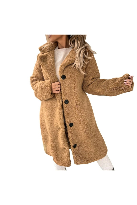 Jackets for Women Winter Warm Fleece Fuzzy Wool Coat Oversized Solid Open Front Cardigan Mid Length Plush Button Soft Fuzzy Jackets with Pocket Thick Fleece Lapel Parka Jackets Outerwear