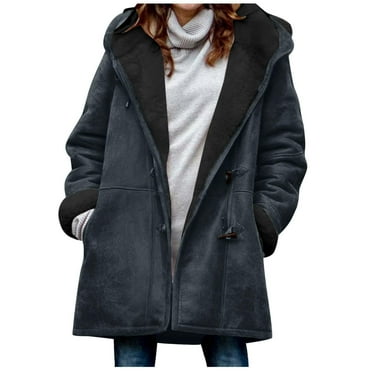 Pejock Jackets for Women Winter Warm Sherpa Lined Coats Plus Size Hooded Parka Faux Suede Long Pea Coat Outerwear Classic-Fit Soft Fuzzy Jackets Overcoat