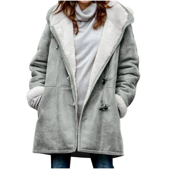 Pejock Jackets for Women Winter Warm Sherpa Lined Coats Plus Size Hooded Parka Faux Suede Long Pea Coat Outerwear Classic-Fit Soft Fuzzy Jackets Overcoat