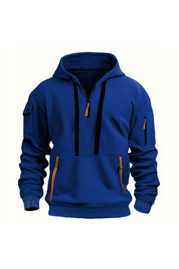 Men Hooded Sweatshirt Thermal Fleece-Lined Half Zip Pullover, Long Sleeve Athletic Jacket with Multiple Pockets for Outdoor Casual Wear, Wind-Resistant Sport Coat