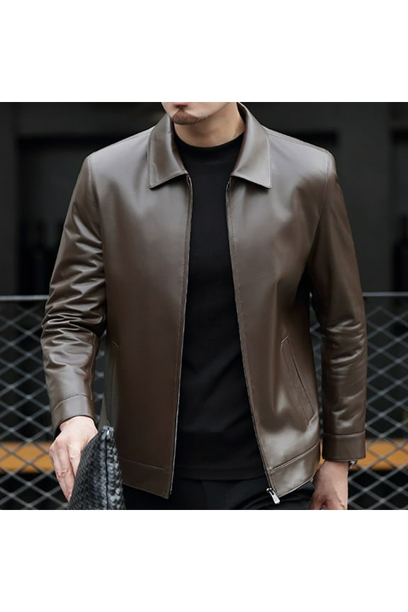 Men Vintage Leather Jacket, Stand Collar Winter Coat for Men - Warm Long Sleeve Casual Outerwear, Timeless Style Coat Daily Windproof