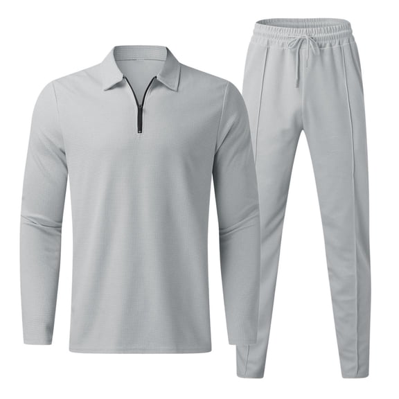 Pejock Men's 2 Piece Tracksuit Casual Solid Turndown Sports Suit Zip Long Sleeve Trousers Two-Piece Tracksuit Gray XXL (US Size:12)