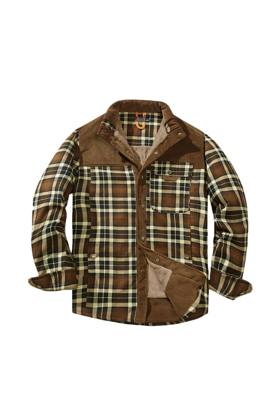 Men's Button Down Flannel Coat - Classic Plaid Winter Jacket with Fleece Lining, Long Sleeve Stand Collar Thick Cotton Outerwear for Casual Business