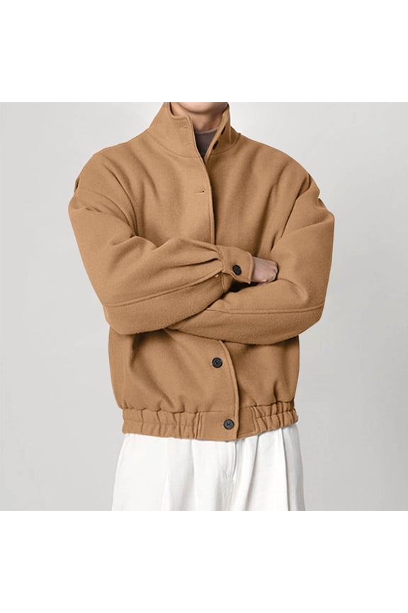 Men's Casual Loose Fit Warm Wool Blend Button Front Long Sleeve Jacket with Stand-Up Collar and Pockets, Hoodless Outerwear for Winter and Spring Daily Wear