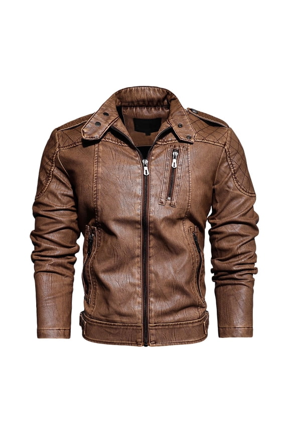 Men's Casual Stand Collar PU Leather Jacket Vintage Motorcycle Bomber Jacket