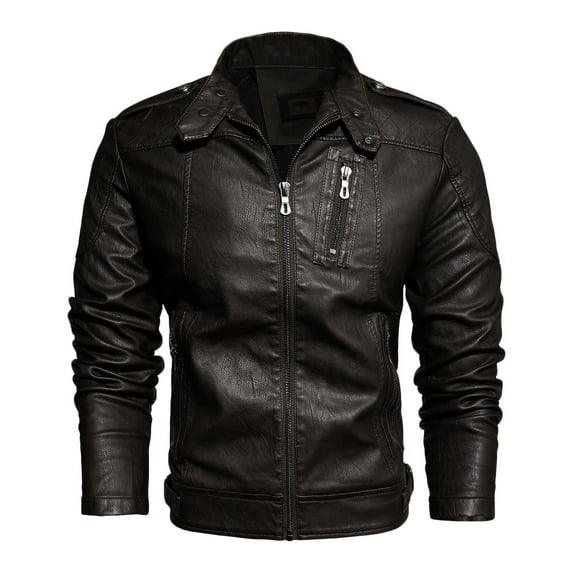 Pejock Men's Casual Stand Collar PU Leather Jacket Vintage Motorcycle Bomber Jacket