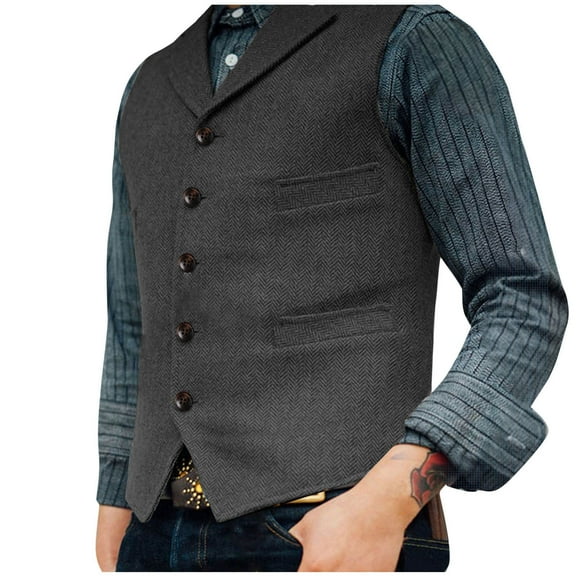 Pejock Men's Casual Vintage Vest with V-Neck, Belt, Pockets, and Five-Button Closure, Retro Waistcoat for Everyday Layering and Style