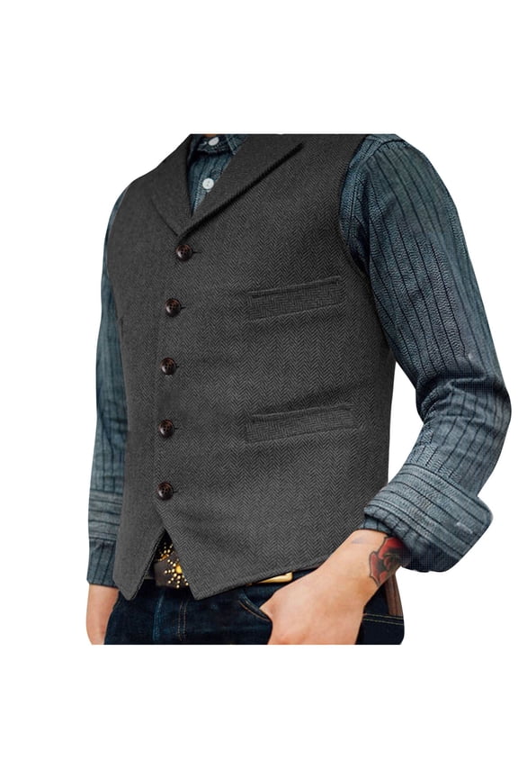 Men's Casual Vintage Vest with V-Neck, Belt, Pockets, and Five-Button Closure, Retro Waistcoat for Everyday Layering and Style