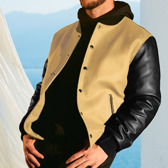 Pejock Men's Color Block Jacket - Casual Zipper Coat Long Sleeve Lightweight Windbreaker, Polyester Outerwear for Daily Outdoor Wear