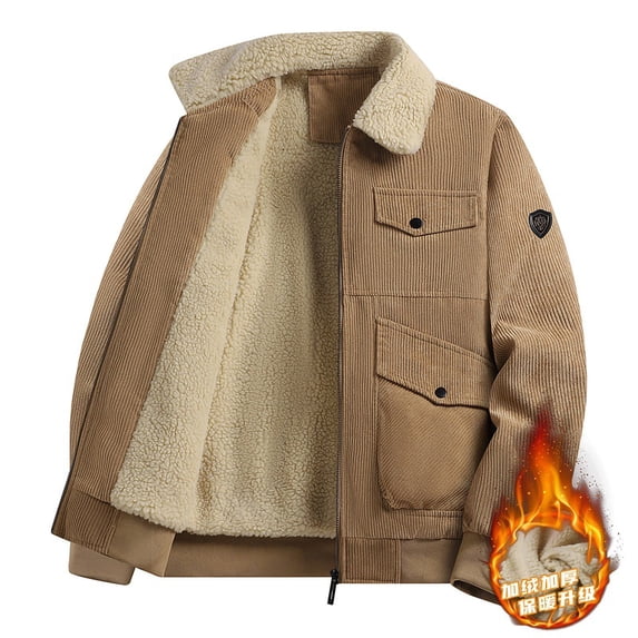Pejock Men's Corduroy Jacket - Lambskin Lined Hooded Workwear Style Coat, Multiple Pockets Casual Warm Coat for Outdoor Daily Wear
