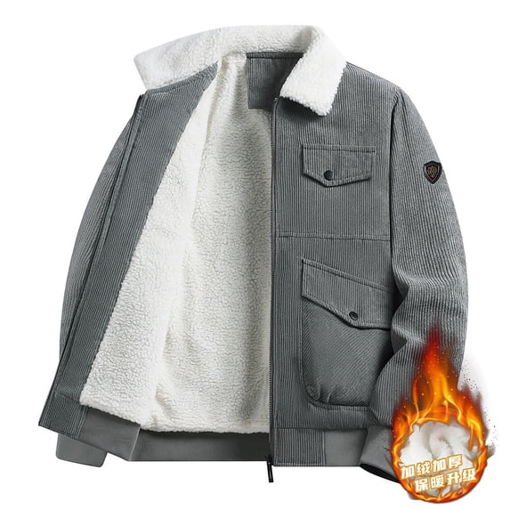 Pejock Men's Corduroy Jacket - Lambskin Lined Hooded Workwear Style Coat, Multiple Pockets Casual Warm Coat for Outdoor Daily Wear