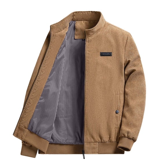 Pejock Men's Corduroy Jacket, Stand Collar Long Sleeve Coat with Pockets, Casual Polyester Outerwear for Daily Winter and Spring Wear