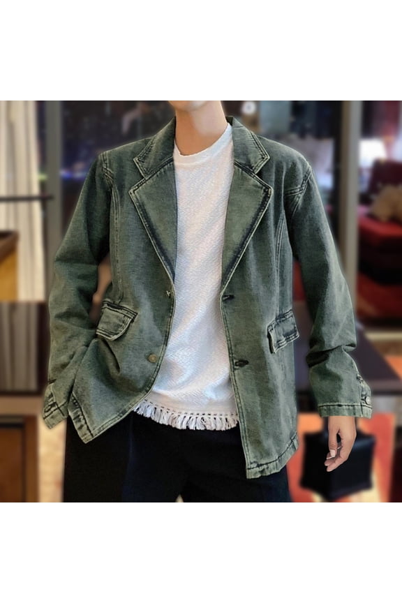 Men's Denim Jacket Long Sleeve Solid-Color Casual Coat, Polyester Outerwear for Spring Winter, Comfort Fit Machine Washable Daily Office Outdoor Wear