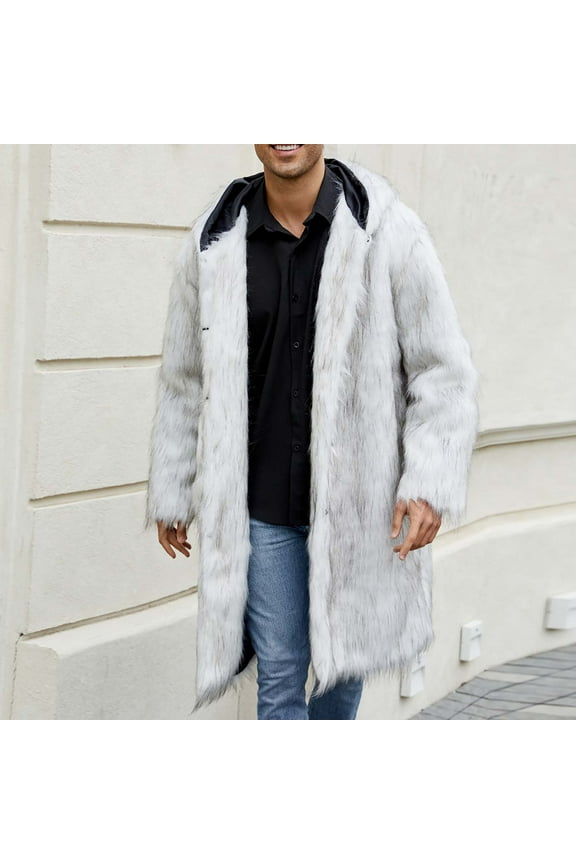 Men's Faux Fur Long Winter Coat - Parka Style Thick Insulated Windproof Outerwear, Polyester V-Neck Jacket for Daily Casual and Cold Weather