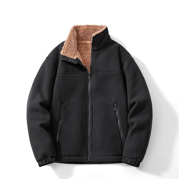 Pejock Men's Fleece Jacket with Stand-Up Collar - Long Sleeve Wind-Resistant Coat, Zip Pockets & Drawstring for Casual Daily Wear, Warm Polyester Outerwear