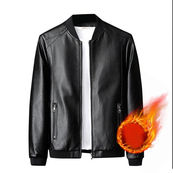Pejock Men's Fleece Lined Leather Jacket, Quilted Windproof Winter Coat for Casual Outdoor Warmth, Long Sleeve Thermal Insulated Coat