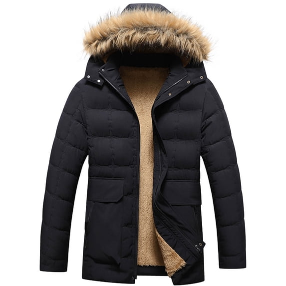 Pejock Men's Heavy Duty Winter Coat - Hooded Padded Jacket with Furry Lining, Wind-Resistant Long Sleeve Zipper Closure for Outdoor and Daily Wear