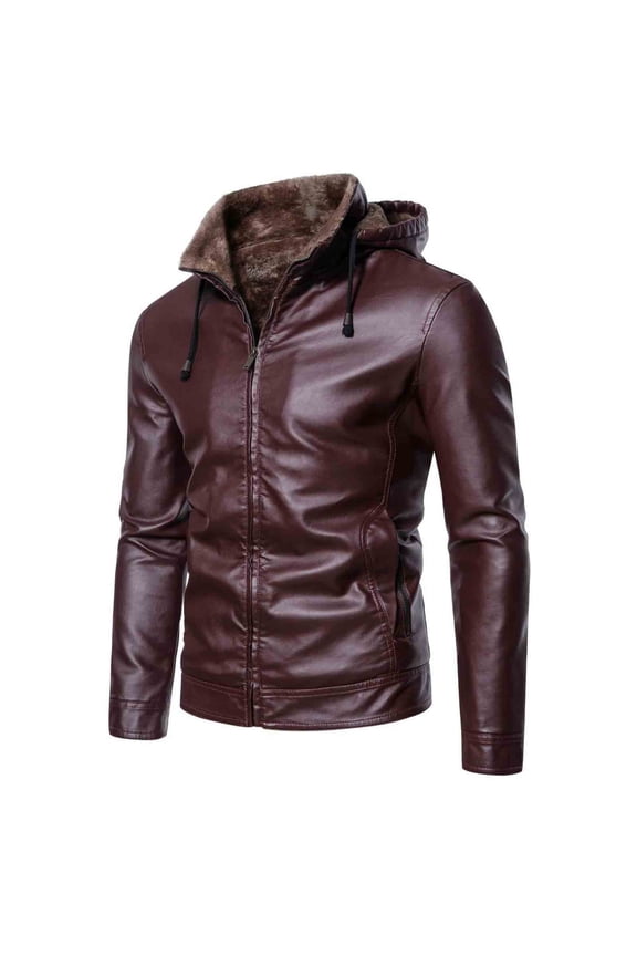 Men's Hooded Biker Jacket, Loose Fit Genuine Leather Coat with Zipper Closures - Windproof Motorcycle Style for Casual Wear, Daily Outdoor and Urban Street