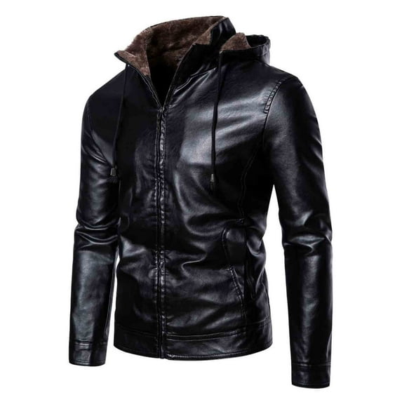 Pejock Men's Hooded Biker Jacket, Loose Fit Genuine Leather Coat with Zipper Closures - Windproof Motorcycle Style for Casual Wear, Daily Outdoor and Urban Street