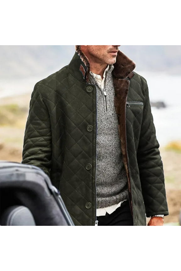 Men's Hooded Diamond Quilted Jacket, Thick Insulated Lapel Coat with Long Sleeves, Casual Winter Outerwear for Daily Wear