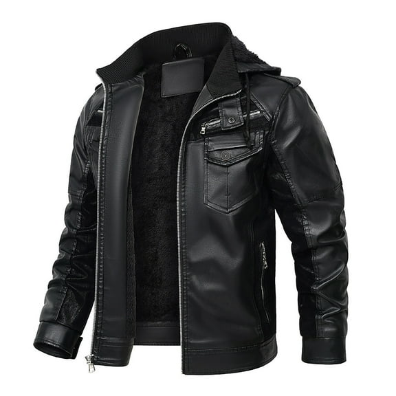 Pejock Men's Hooded Leather Jacket Velvet Lined, Winter Coat with Zipper Pockets Long Sleeve for Outdoor Casual Daily Wear