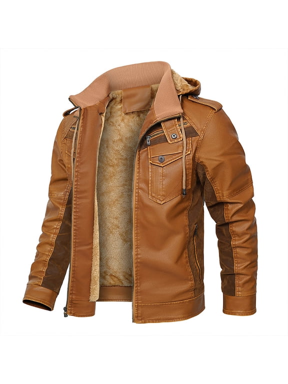 Men's Hooded Leather Jacket Velvet Lined, Winter Coat with Zipper Pockets Long Sleeve for Outdoor Casual Daily Wear