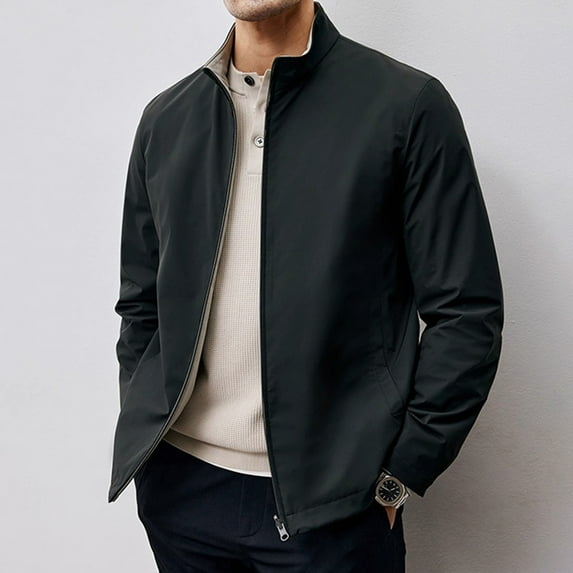 Pejock Men's Lightweight Hooded Jacket, Stand Collar Zipper Pocket Casual Coat - Long Sleeve Solid Color Polyester Windbreaker for Outdoor Daily Wear