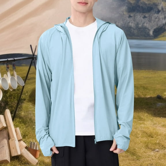Pejock Men's Lightweight Sun Protection Hoodie, Long Sleeve Casual Shirt with Drawstring Hood - Nylon Blend Loose Fit Outdoor Top for Summer