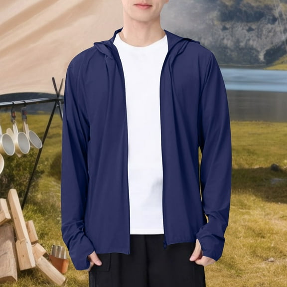Pejock Men's Lightweight Sun Protection Hoodie, Long Sleeve Casual Shirt with Drawstring Hood - Nylon Blend Loose Fit Outdoor Top for Summer
