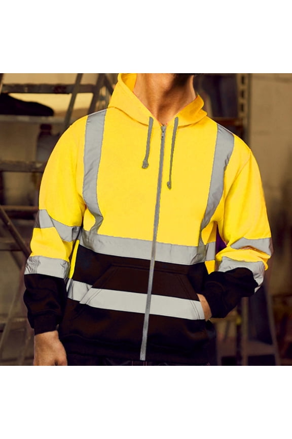 Men's Reflective Safety Hoodie with Zipper - High Visibility Sanitation Work Sweatshirt, Windproof Hooded Jacket for Outdoor Crews & Casual Wear