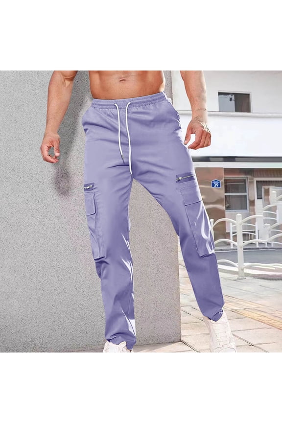Men's Straight Leg Cargo Pants, Zipper & Drawstring Closure, Casual Outdoor Polyester Tapered Trousers for Daily Wear