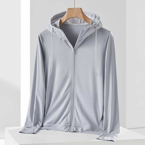 Pejock Men's Sun Protection Hooded Shirt, Long Sleeve Athletic Top with Zipper, Ventilation Holes, Finger Guard, High Elastic Fabric for Summer Outdoor Sports and Casual Wear