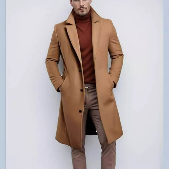 Pejock Men's Trench Coat, Long Polyester Casual Outerwear with Button Front and Pockets, Classic Fit Everyday Long Sleeve Coat for Fall Winter