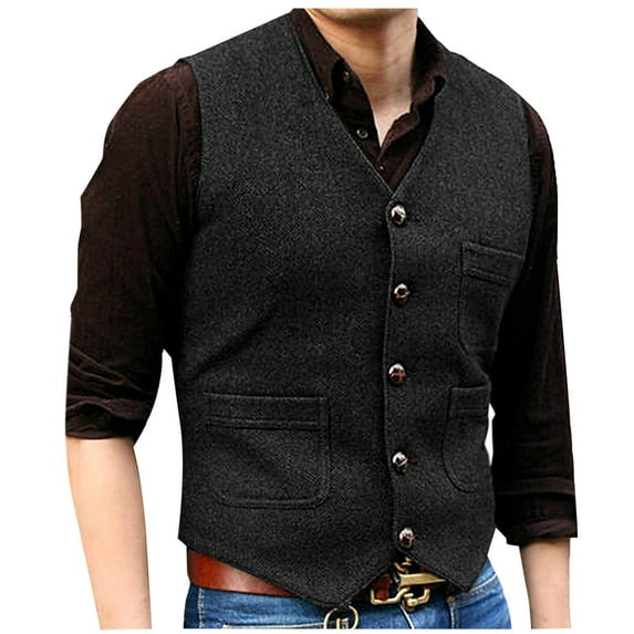 Pejock Men's Vintage Casual Vest with Belt Detail, Chest Pocket, Five Button Closure Lightweight Waistcoat for Layering, Tailored Fit