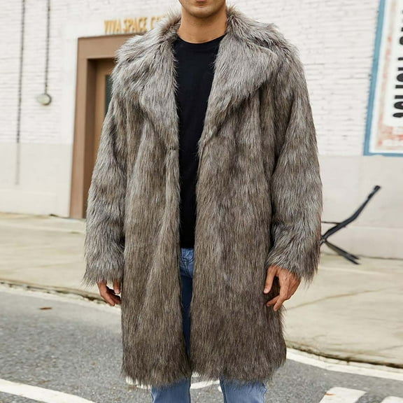 Pejock Men's Warm Faux Fur Long Coat Jacket, Winter Thermal Lined Overcoat with V-Neck Collar, Solid Color Casual Outerwear for Daily and Party Wear