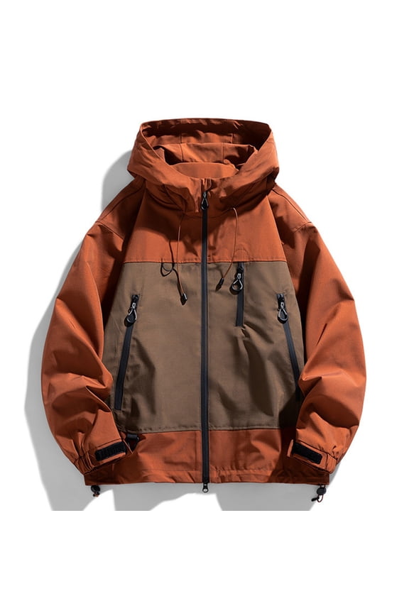 Men's Windproof Hooded Jacket, Lightweight Polyester Casual Coat with Cargo Pockets, Adjustable Hem and Full Zip for Outdoor Work, Hiking, Daily Wear