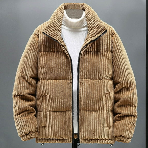 Pejock Men's Winter Coat, Heavyweight Corduroy Padded Jacket with Stand Collar - Windproof Insulated Design, Zipper Pockets for Outdoor Casual Daily Wear