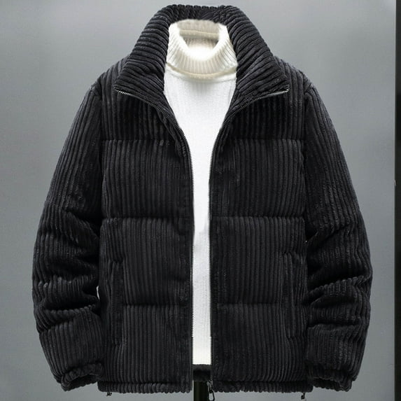Pejock Men's Winter Coat, Heavyweight Corduroy Padded Jacket with Stand Collar - Windproof Insulated Design, Zipper Pockets for Outdoor Casual Daily Wear