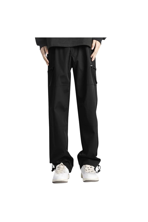 Men's Work Pants with Multiple Pockets, Elastic Waist, Straight Leg Fit, Lightweight Polyester for Casual Wear, Outdoor Activities, and Home Use
