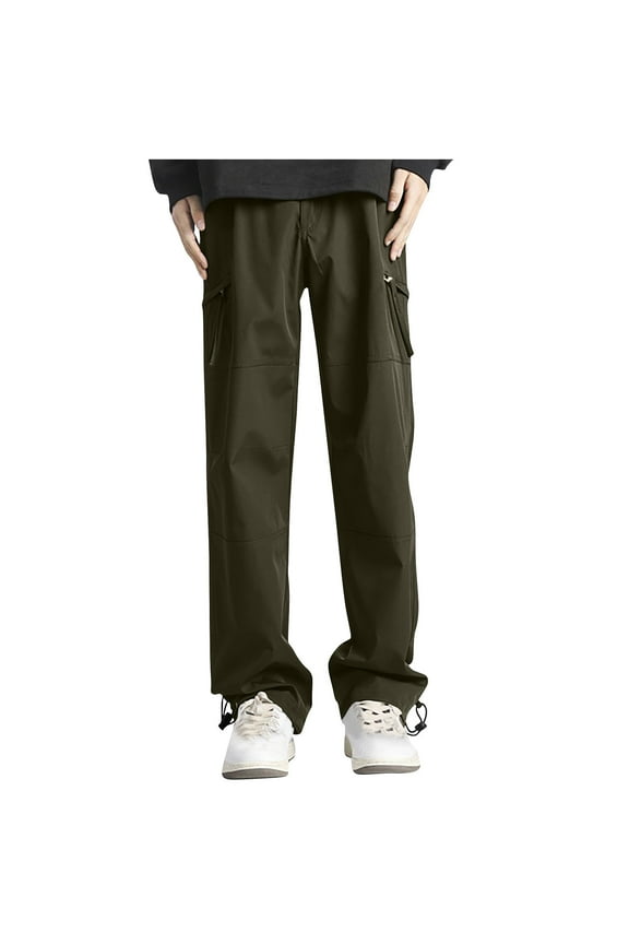 Men's Work Pants with Multiple Pockets, Elastic Waist, Straight Leg Fit, Lightweight Polyester for Casual Wear, Outdoor Activities, and Home Use