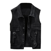 Pejock Mens Denim Vest Lapel Sleeveless Slim Fit Casual Jean Vest for Fall Winter