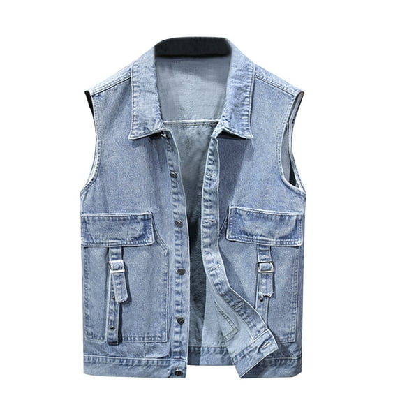 Pejock Mens Denim Vest Lapel Sleeveless Slim Fit Casual Jean Vest for Fall Winter
