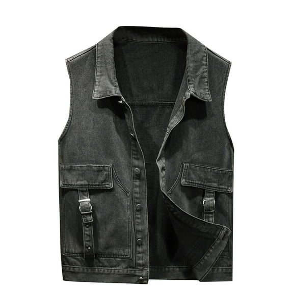 Pejock Mens Denim Vest Lapel Sleeveless Slim Fit Casual Jean Vest for Fall Winter