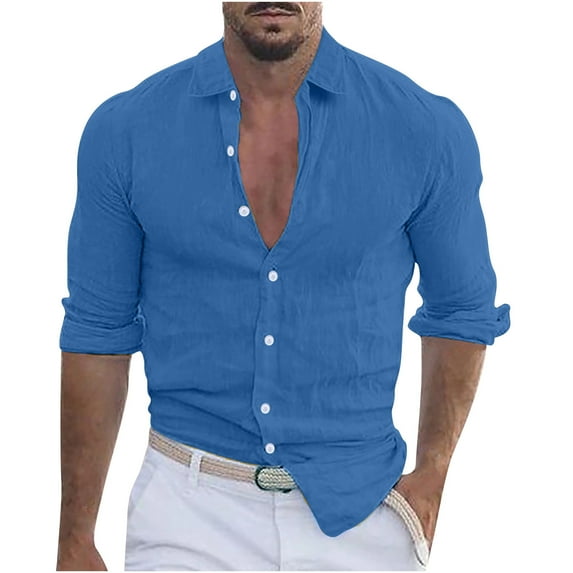 Pejock Mens Long Sleeve Shirts Oversized Solid Color Cotton Linen Shirts Beach Button Down Turn-down Collar Closure Shirt Men's Lapel Blouse Loose Fit Lightweight Shirts