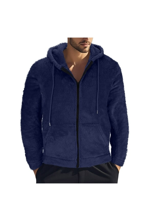 Men's Double Faced Fleece Jacket, Heavyweight Hooded Full Zip Cardigan Sweatshirt with Zipper Pockets, Winter Casual Warm Pullover Coat