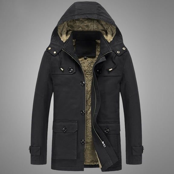 Pejock Mens Thickened Winter Coat, Detachable Hooded Long Sleeve Overcoat for Outdoor Leisure, Soft Woolen Casual Jacket with Pockets, Asian Fit Size Guide