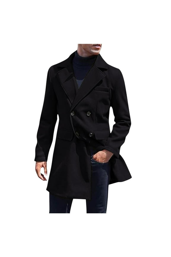Mens Wool Blend Coat Winter Trench Coats Notched Lapel Collar Overcoat Classic Peacoat with Pockets