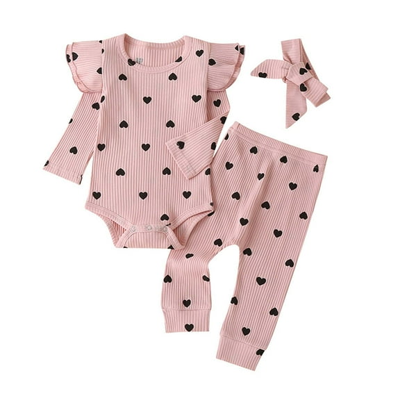 Pejock Newborn Toddler Infant Baby Girls Clothes Romper Pants Set Heart Print Ruffle Romper Pants Headband Clothes Suit, 3-6Months
