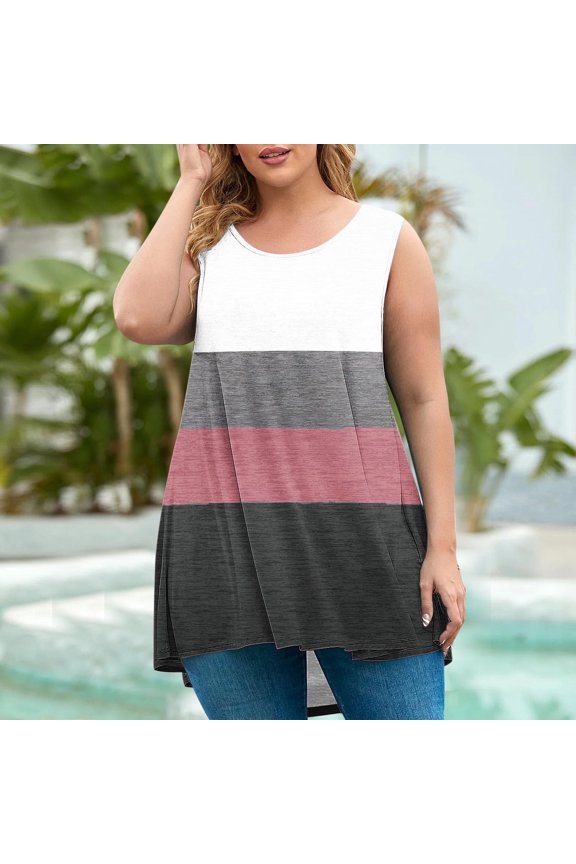 Plus Size Tunic Top for Women, Long Loose Fit Shirt, Color Block Summer Blouse, Stretchy Casual Wear, Hip-Covering Tops for Legging